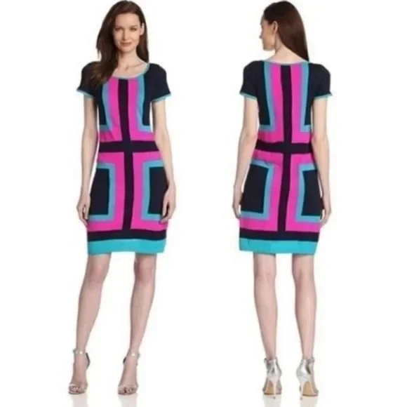 Lilly Pulitzer Isabella Mod Retro Colorblock Sweater Mini Dress Navy Pink Teal - Picture 2 of 7